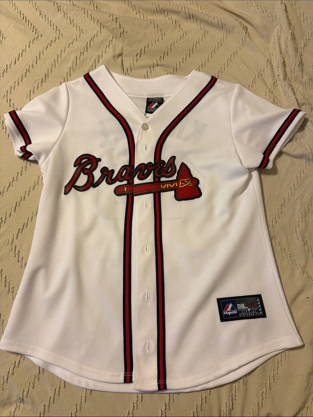 Majestic White Braves Kids Baseball Jersey with Red & Navy Trim